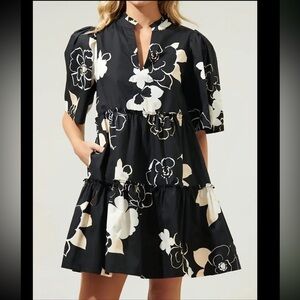 Floral Notch Neck Dress with Elegant Puff Sleeves - Flowy Ruffle Hem